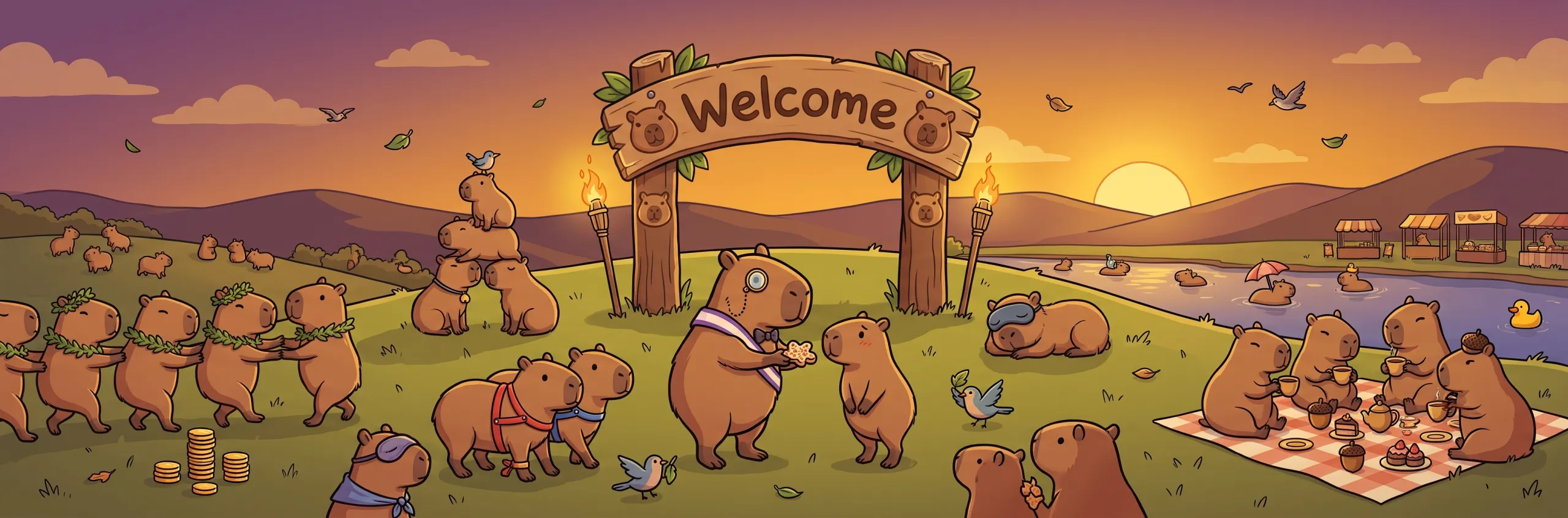 Capybaras welcoming visitors at sunset